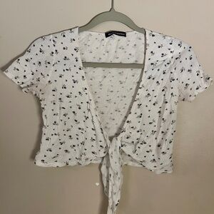 Brandy Melville White Floral Tie-up top